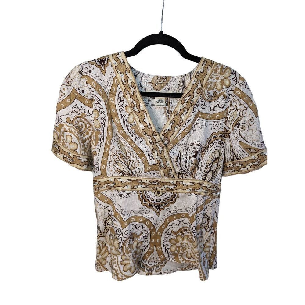 Susan Bristol Printed Short Sleeve Linen Top Women's Size Small